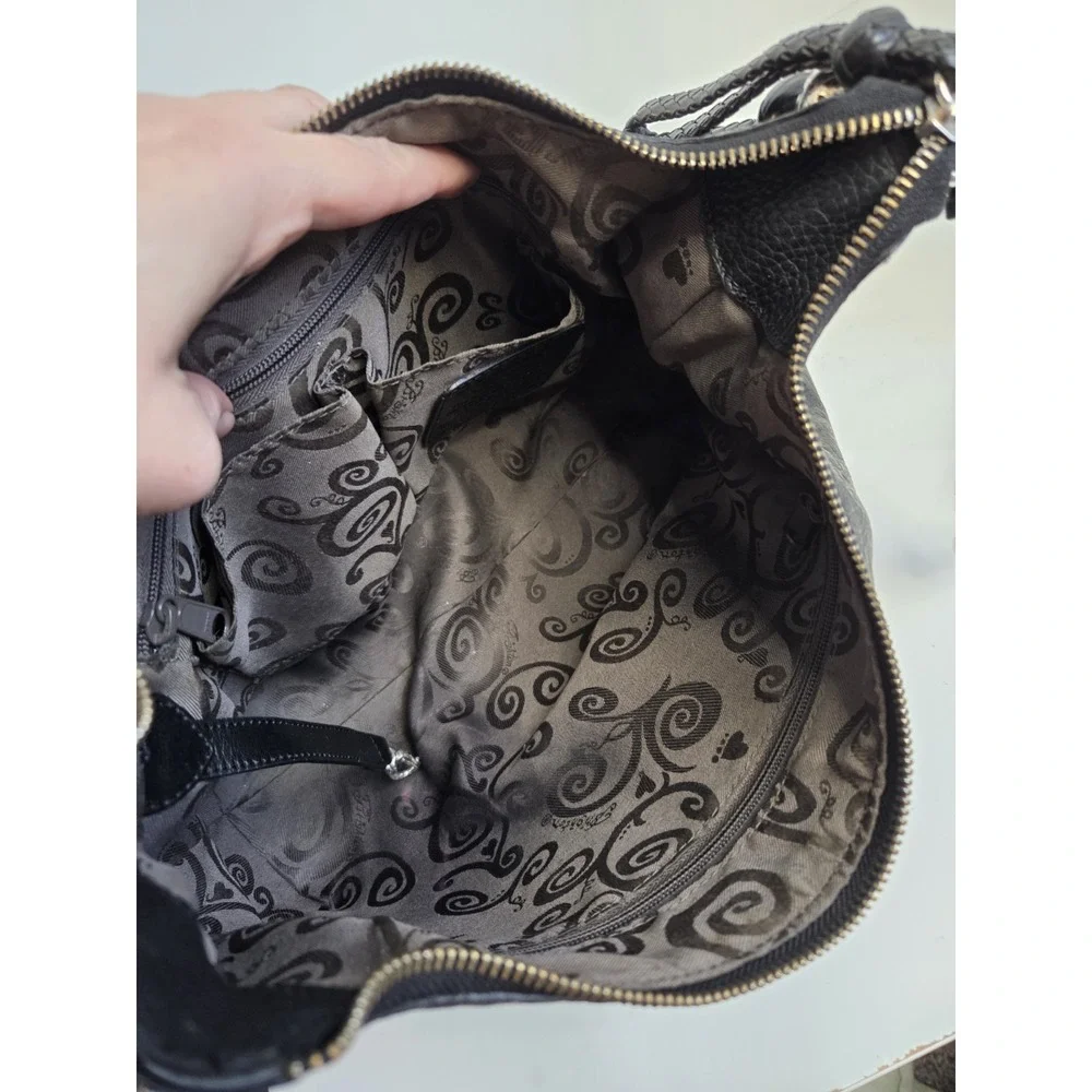 BRIGHTON Vintage Black Leather Croc Embossed Large‎ Handbag Shoulder Hobo